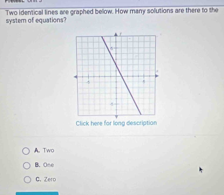 Two identical lines are graphed below. How many solutions are there to the
system of equations?
Click here for long description
A. Two
B. One
C. Zero