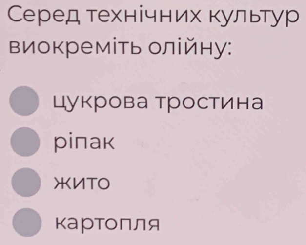 Серед технічних культур
виокреміть олійну:
Цукрова тростина
piпак
XИTO
картопЛя