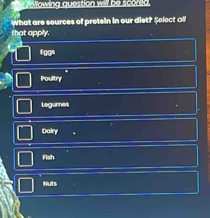 The following question will be scored.
What are sources of protein in our diet? Select all
that apply.
Eggs
Poultry
Legumes
Dairy
Fish
Nuts