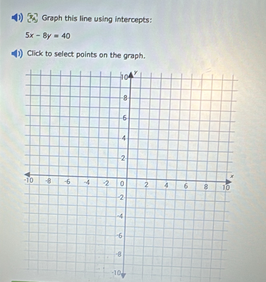 Graph this line using intercepts:
5x-8y=40
Click to select points on the graph.
-10