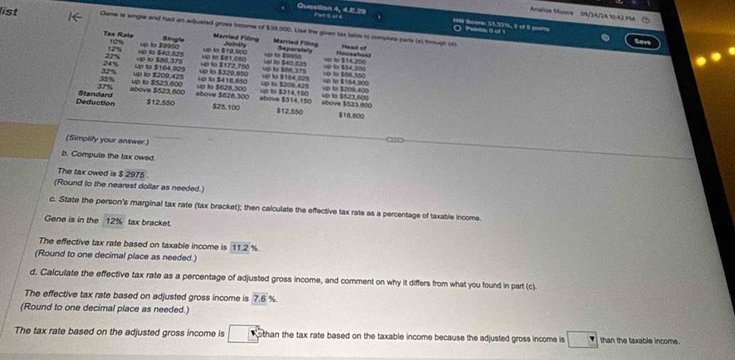 Analise Moore  09/24/24 10:42 PM
Question 4, 4.E.29 Pars 6 of 6 HW Sceral 33.33%, 2 of 6 ports
list Gene is single and had an adjusted grosa income of $39,000. Use the given tax table to complere parts (a) ihmugh (4)
O Polwesi 0 of 1
Tax Rate Single Married Filing Jointly Married Filing Household Head of
12% 1o up to $9950
Separately
up to $19,900 up to $9968
22% up to $86,375 up to $40,525 up to $81.060 up to $40.525 up to $14,200
24% up to $164,925 up to $172,750 up to $54.200
32% up to $329,850 up to $164.925 up tạ $66.375 up to $88,350
35% up to $209,425 up to $418,850 up to $164,900
37% up to $523,600 up to $628.300 up to 5314,150 up to $209,425 up to $209,400
Standard above $523,600 above $628,300 above $314,150 above $523.800 up to $523,600
Deduction $12,550
$25,100 $12.550 $18,800
(Simplify your answer.)
b. Compute the tax owed.
The tax owed is $ 2975 .
(Round to the nearest dollar as needed.)
c. State the person's marginal tax rate (tax bracket); then calculate the effective tax rate as a percentage of taxable income.
Gene is in the 12% tax bracket.
The effective tax rate based on taxable income is 11.2 %
(Round to one decimal place as needed.)
d. Calculate the effective tax rate as a percentage of adjusted gross income, and comment on why it differs from what you found in part (c).
The effective tax rate based on adjusted gross income is 7.6 %
(Round to one decimal place as needed.)
The tax rate based on the adjusted gross income is  than the tax rate based on the taxable income because the adjusted gross income is □ than the taxable income.