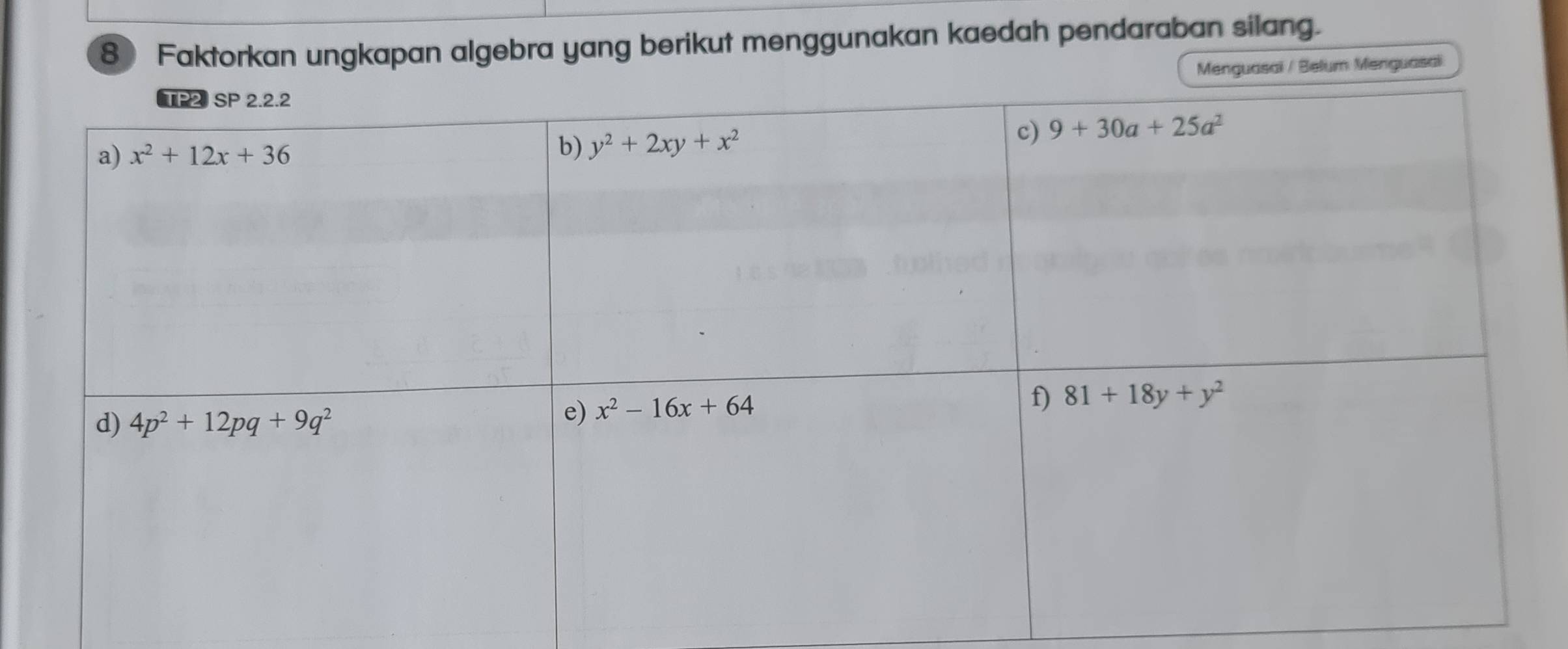 Faktorkan ungkapan algebra yang berikut menggunakan kaedah pendaraban silang.
Menguasal / Belum Menguasal