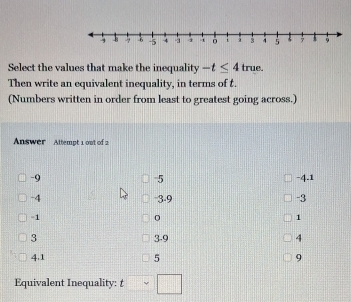 Select the values that make the inequality -t≤ 4 true.
Then write an equivalent inequality, in terms of t.
(Numbers written in order from least to greatest going across.)
Answer Attempt 1 out of 2
-5
-9 -4.1
-4 −3 -9 -3
-1
0
1
3 3 -9 4
4.1 5 9
Equivalent Inequality: