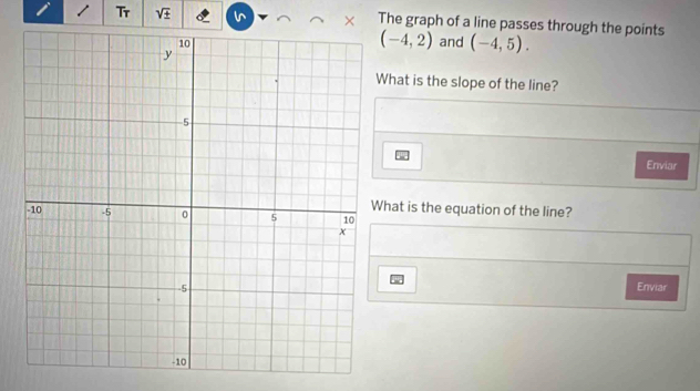 Tr sqrt(± ) × The graph of a line passes through the points
(-4,2)
and (-4,5). 
hat is the slope of the line? 
Enviar 
hat is the equation of the line? 
Enviar