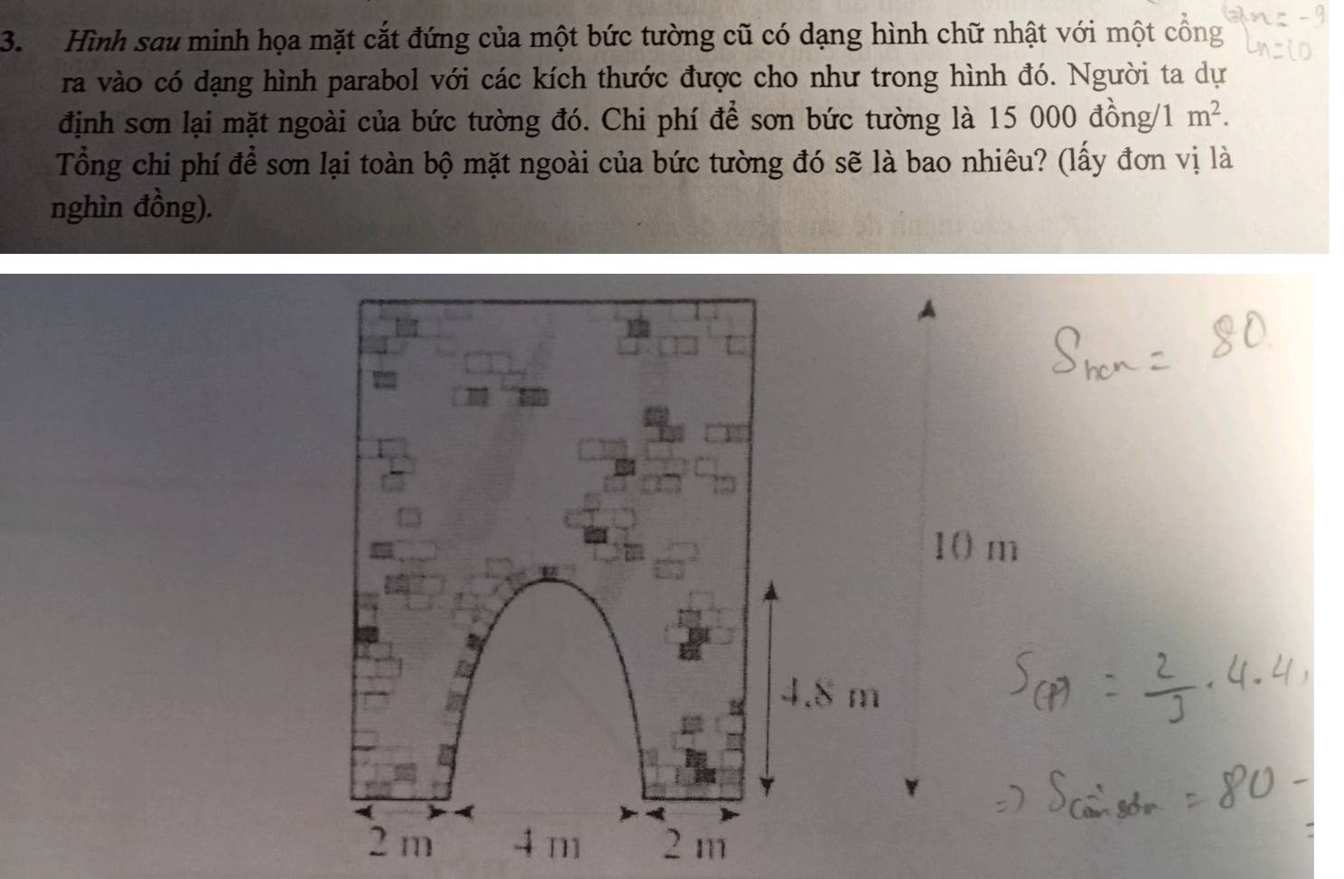 Hình sau minh họa mặt cắt đứng của một bức tường cũ có dạng hình chữ nhật với một cổng 
ra vào có dạng hình parabol với các kích thước được cho như trong hình đó. Người ta dự 
định sơn lại mặt ngoài của bức tường đó. Chi phí để sơn bức tường là 15 000 đồng /1m^2. 
Tổng chi phí để sơn lại toàn bộ mặt ngoài của bức tường đó sẽ là bao nhiêu? (lấy đơn vị là 
nghìn đồng).