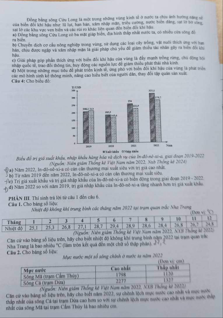 ồng bằng sông Cửu Long là một trong những vùng kinh tế ở nước ta chịu ảnh hướng năng nê
của biến đổi khí hậu như: lũ lụt, hạn hán, xâm nhập mặn, triều cường, nước biên dâng, sat lớ bở sông
sat lở các khu vực ven biển và các rùi ro khác liên quan đến biển đồi khí hậu
a) Động bằng sông Cửu Long có ba mặt giáp biển, địa hình thấp nhất nước ta, có nhiều cửa sông đồ
ra biển.
b) Chuyển dịch cơ cấu nông nghiệp trong vùng, sử dụng các loại cây trồng, vật nuôi thích ứng với han
hán, chịu được ngập và xâm nhập mặn là giải pháp chủ yếu đề giảm thiều tác nhân gây ra biên đối khi
hậu.
c) Giải pháp góp phần thích ứng với biến đổi khí hậu của vùng là đầy mạnh trồng rừng, chủ động hội
nhập quốc tế, trao đổi thông tin, huy động các nguồn lực để giảm thiều phát thải nhà kinh
d) Một trong những mục tiêu để phát triển kinh tế, ứng phó với biển đổi khí hậu của vùng là phát triển
các mô hình sinh kể thông minh, nâng cao hiểu biết của người dân, thay đổi tập quán sản xuất
Câu 4: Cho biểu đồ:
Biểu đồ trị giá xuất khẩu, nhập khẩu hàng hóa và dịch vụ của In-đô-nê-xi-a, giai đoạn 2019-2022
(Nguồn: Niên giám Thống kê Việt Nam năm 2022, Nxb Thổng kê 2024)
(a) Năm 2022, In-đô-nê-xi-a có cán cân thương mại xuất siêu với trị giá cao nhất.
*  b) Từ năm 2019 đến năm 2022, In-đô-nê-xi-a có cán cân thương mại xuất siêu.
(c) Trị giá xuất khẩu và trị giá nhập khẩu của In-đô-nê-xi-a có biển động trong giai đoạn 2019 - 2022
đd) Năm 2022 so với năm 2019, trị giá nhập khẩu của In-đô-nê-xi-a tăng nhanh hơn trị giá xuất khẩu
PHÀN III. Thí sinh trả lời từ câu 1 đến câu 6.
Câu 1. Cho bảng số liệu:
Nhiệt độ không khí trung bình các tháng năm 2022 tại trạm quan trắc Nha Trang
(Ng
Căn cứ vào bảng số liệu trên, hãy cho biết nhiệt độ không khí trung bình năm 2022 tại trạm quan trác
Nha Trang là bao nhiêu°C (làm tròn kết quả đến một chữ sổ thập phân)
Câu 2. Cho bảng số liệu:
Mực nước một số sông chính ở nước ta năm 2022
(Nguồn: Niên giám Thống kê Việt Nam năm 2022, NX
Căn cứ vào bảng số liệu trên, hãy cho biết năm 2022, sự chênh lệch mực nước cao nhật và mực nước
thấp nhất của sông Cả tại trạm Dừa cao hơn so với sự chênh lệch mực nước cao nhất và mực nước tháp
nhất của sông Mã tại trạm Cầm Thủy là bao nhiêu cm.