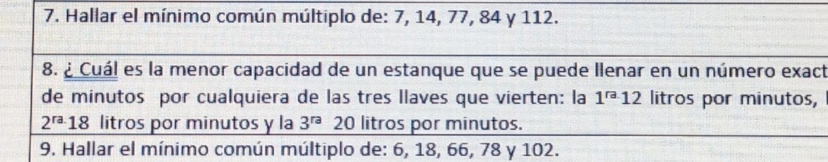 Hallar el mínimo común múltiplo de: 7, 14, 77, 84 y 112. 
8. ¿ Cuál es la menor capacidad de un estanque que se puede llenar en un número exact 
de minutos por cualquiera de las tres llaves que vierten: la 1^(ra)· 1 litros por minutos,
2^(ra)· 18 litros por minutos y la 3^(ra) 20 litros por minutos. 
9. Hallar el mínimo común múltiplo de: 6, 18, 66, 78 y 102.