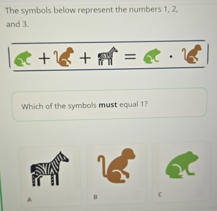 The symbols below represent the numbers 1, 2,
and 3.
boxed a+b+boxed m=a· 26
Which of the symbols must equal 1?
I
C
A
B