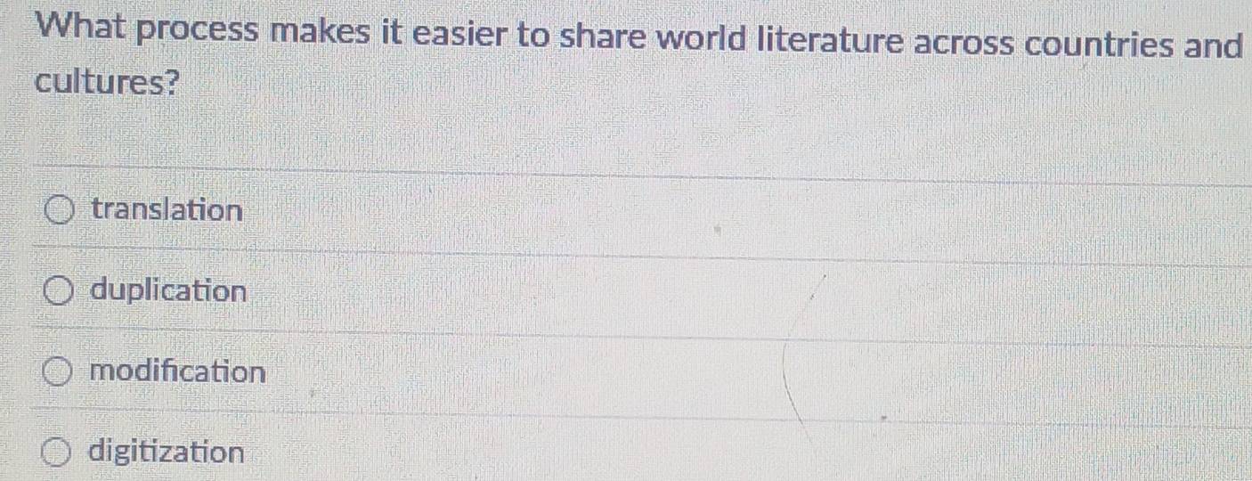 What process makes it easier to share world literature across countries and
cultures?
translation
duplication
modification
digitization