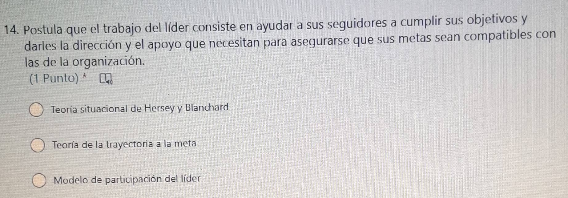 Postula que el trabajo del líder consiste en ayudar a sus seguidores a cumplir sus objetivos y
darles la dirección y el apoyo que necesitan para asegurarse que sus metas sean compatibles con
las de la organización.
(1 Punto) *
Teoría situacional de Hersey y Blanchard
Teoría de la trayectoria a la meta
Modelo de participación del líder