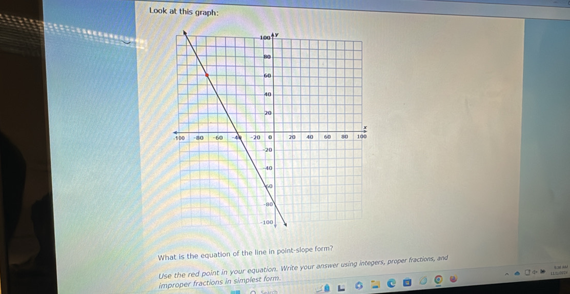 Look at this graph: 
What is the equation of the line in point-slope form? 
Use the red point in your equation. Write your answer using integers, proper fractions, and
936 MM
LL/L/2024 
improper fractions in simplest form.