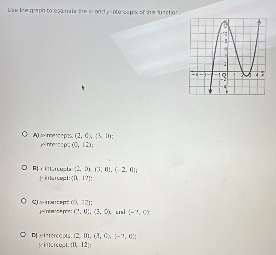 Use the graph to estimate the x - and y-intercepts of this function.
A) x-intercepts: (2,0),(3,0)
y-intercept: (0,12)
B) x-intercepts: (2,0),(3,0), (-2,0)
y-intercept: (0,12).
C) x-intercept: (0,12)
y-intercepts: (2,0), (3,0) , and (-2,0)
D) x-intercepts: (2,0), (3,0), (-2,0); 
y-intercept: (0,12) :