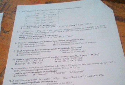 # Fas a retulo sote 10.=1441 Roae istáidos o soguines catores eogaesentan
C e af é a  crecão de y=b(|t|)^2-|2as||^2+forall -6||t|>. [3o□]10 V-kLH_d]^2 005
Yope  roprcsonts uma rescção , coja foi da vehocidade d Y=k[X] π =π +22π
for ?. A rgut
=  eal é a valor da constants *po t smente 1.0 e 2.o mol 1 Sabendo que a scleidade da macção e qual a 3,0M mos'e que as concentra, o4s
6.127548° 1.10Me^(-1) min x:s+b.5^2mol^(-18.7.3.3m^-1)min^(-1)
*. Umas das condições para que ocorra uma situação de equilibrio é que C =s um =stema lachs=
B sepa uma reacção ireversível. A seja uma reacção neversível D indos os resgentes se converism em produtos.
9. Qual dos pares de factores afecta o estado de equilibrio da reacção? C pressão e catalizador
I concentração e pressão A catalisador e superfície de confacto D temporstura e catalizadon
10. Qual é a expressão da constante de equili Ker[CO_2]/[CO]^2.[O_2]^2 2CO_(n)+O_2(n)rightarrow 2CO_2(n)
C
Keg=[CO_2]/[CO]^2.|O_2| Koq=|CO_2|||CO|^2|^2.|O_2| D Ke|q=|CO_2|/|CO|,|O_2]
H. No equilibrio estão presentes 0,500moles de N_1O_4e3.2 N_1O_nerightarrow 2NO_2ne moles de NO_1 nm volume de 6,40 dm3 s
150°C para a rracção representada pela equação
Qual é o valor de constante de equiliho
A 1.0mol4m^2 B 1.5molidm^2 C 2.5molitm^2 03,2molidm^3
12. A constante de equilíbrio da reacção: 2HCl_(O)to H_2(g)+Cl_2(g)a330°C é igual a 0,0185M.
Neste sistema o equilíbrio encontra-se a... C esquerda ;porque kc>1