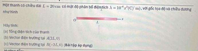 Một thanh có chiều dài L=20cm có mật độ phân bố điệm tích lambda =10^(-6)x^2(C/m) , với gốc tọa độ và chiều dương 
như hình
0
x
L
Hãy tính: 
(a) Tổng điện tích của thanh 
(b) Vector điện trường tại A(2L,0)
(c) Vector điện trường tại B(-2L,0) (Bài tập áp dụng)