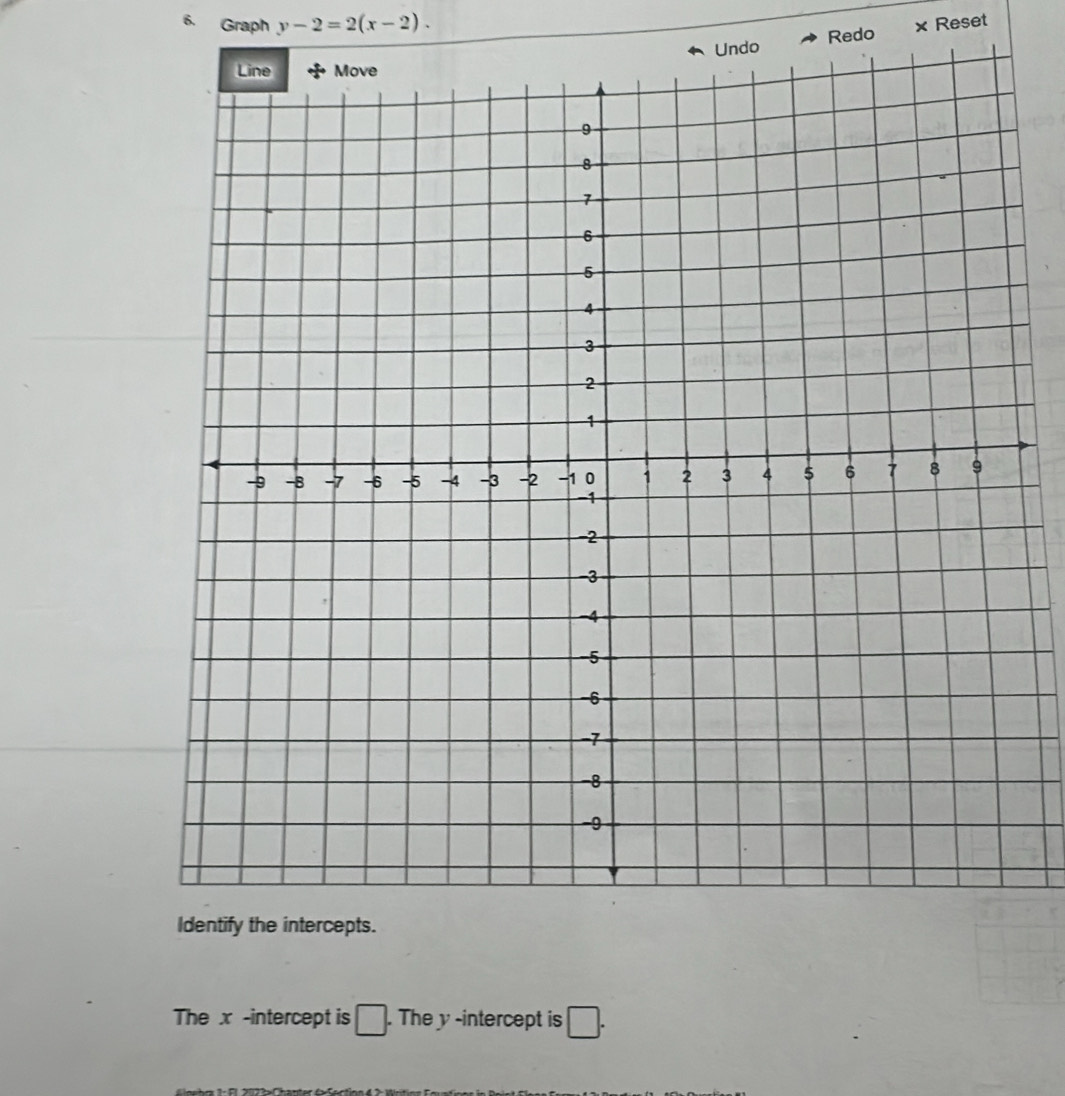 Graph y-2=2(x-2). × Reset 
Undo Redo 
s. 
The x -intercept is □. The y -intercept is □.