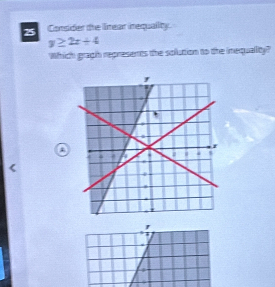 Consider the lrear irequality.
y≥ 2x+4
Which gragh represents the solution to the inequallty?