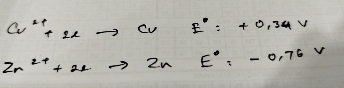 Cu^(2+)+2eto CuE^(·)=+0,3uv
Zn^(2+)+2eto ZnE°=-0.76V