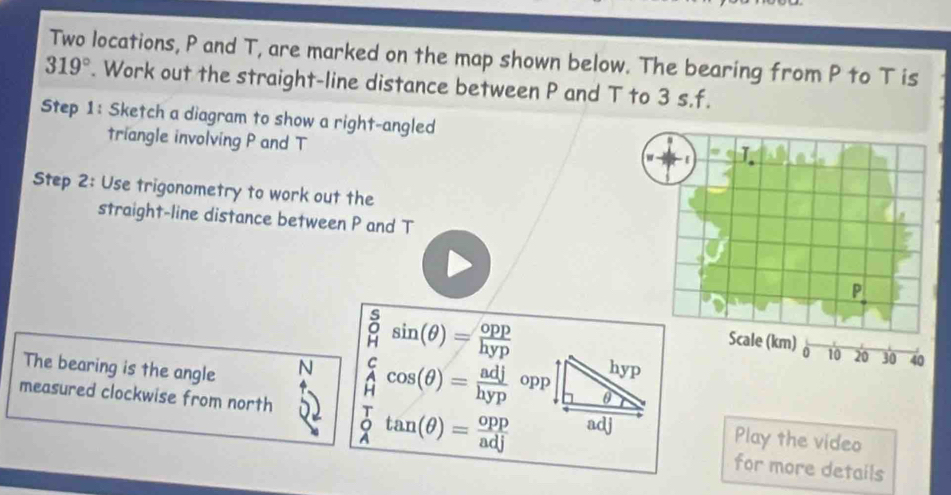 Two locations, P and T, are marked on the map shown below. The bearing from P to T is
319°. Work out the straight-line distance between P and T to 3 s. f. 
Step 1: Sketch a diagram to show a right-angled 
triangle involving P and T
Step 2: Use trigonometry to work out the 
straight-line distance between P and T
P
beginarrayr s endarray beginarrayr s Hendarray sin (θ )= opp/hyp 
Scale (km) 0 10 20 30 40
The bearing is the angle N _H^(Ccos (θ )=frac adj)hypopp
measured clockwise from north _A^(Ttan (θ )=frac opp)adj Play the video 
for more details