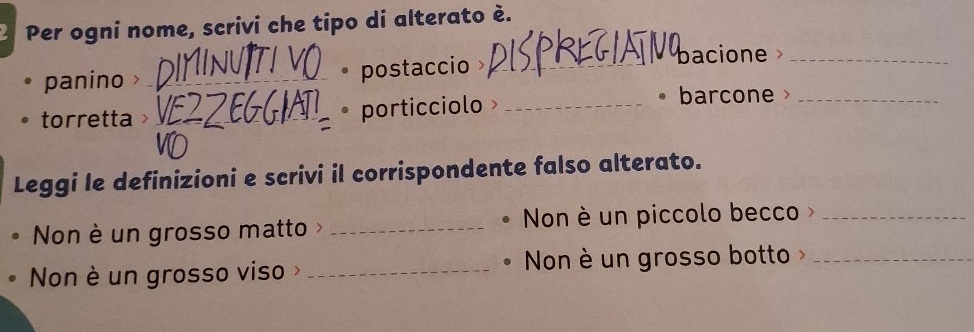 Per ogni nome, scrivi che tipo di alterato è. 
panino a _postaccio_ 
bacione _ 
. 
torretta_ 
porticciolo_ 
barcone _ 
Leggi le definizioni e scrivi il corrispondente falso alterato. 
Non è un piccolo becco_ 
Non è un grosso matto >_ 
Non è un grosso viso _ 
D Non è un grosso botto »_