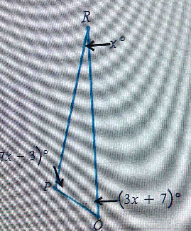 R
x°
7x-3)^circ 
P
(3x+7)^circ 
0