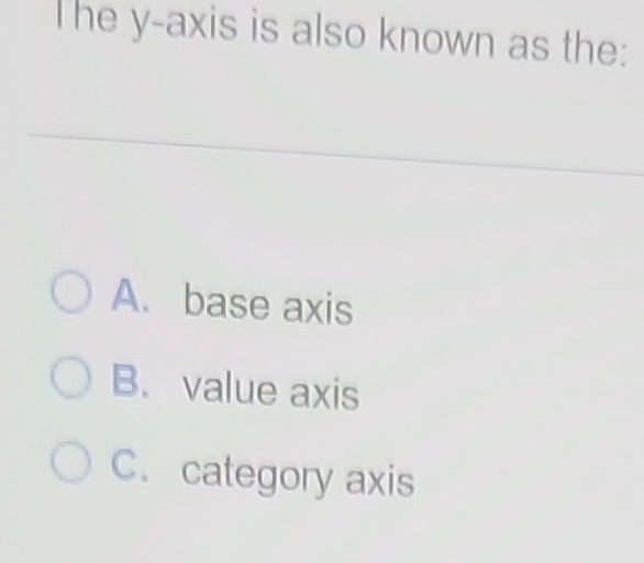 Solved: The y-axis is also known as the: A. base axis B. value axis C ...