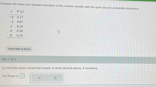 Compute the mean and standard deviation of the random variable with the given discrete probability distribution.
Send data to Excel
Part 1 of 2
(a) Find the mean. Round the answer to three decimal places, if necessary.
The mean is ×