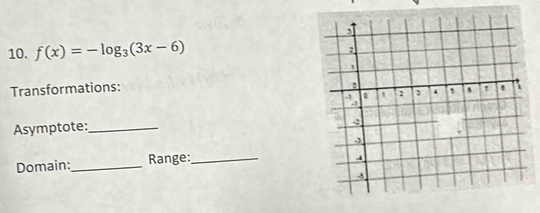 f(x)=-log _3(3x-6)
Transformations: 
Asymptote:_ 
Domain:_ Range:_