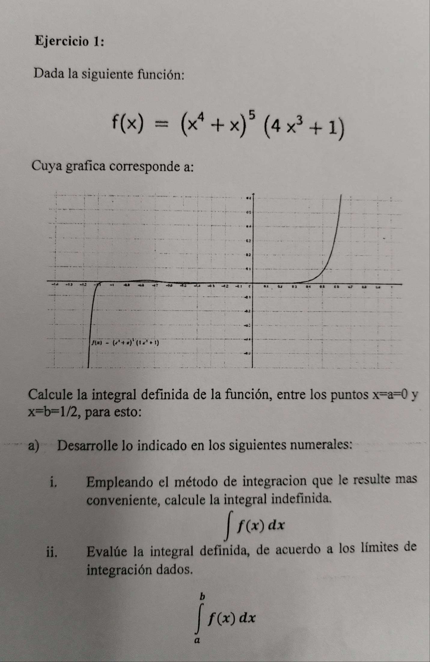 Dada la siguiente función:
f(x)=(x^4+x)^5(4x^3+1)
Cuya grafica corresponde a:
Calcule la integral definida de la función, entre los puntos x=a=0 y
x=b=1/2 , para esto:
a) Desarrolle lo indicado en los siguientes numerales:
i. Empleando el método de integracion que le resulte mas
conveniente, calcule la integral indefinida.
∈t f(x)dx
ii. Evalúe la integral definida, de acuerdo a los límites de
integración dados.
∈tlimits _a^bf(x)dx