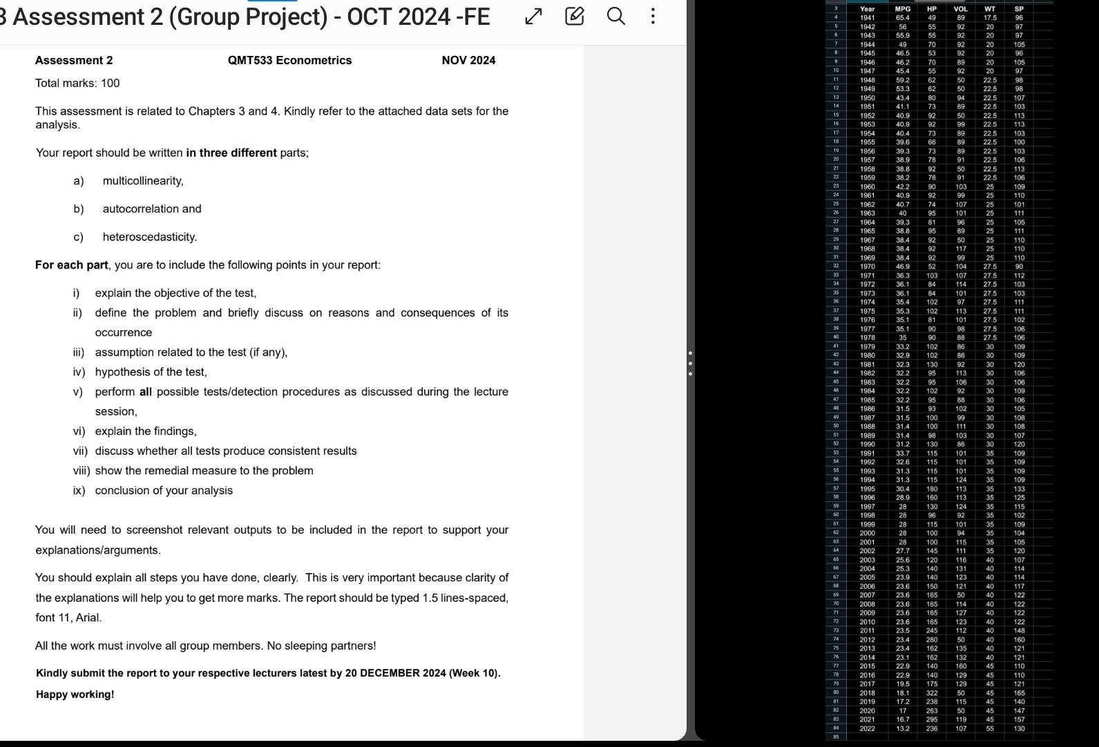 Assessment 2 (Group Project) - OCT 2024 -FE 
Assessment 2 QMT533 Econometrics NOV 2024 
Total marks: 100 
This assessment is related to Chapters 3 and 4. Kindly refer to the attached data sets for the 
analysis. 
Your report should be written in three different parts; 
a) multicoll inearity, 
b) autocorrelation and 
c) heteroscedasticity. 
For each part, you are to include the following points in your report: 
i) explain the objective of the test, 
ii) define the problem and briefly discuss on reasons and consequences of its 
occurrence 
iii) assumption related to the test (if any), 
iv) hypothesis of the test, 
v) perform all possible tests/detection procedures as discussed during the lecture 
session, 
vi) explain the findings, 
vii) discuss whether all tests produce consistent results 
viii) show the remedial measure to the problem 
ix) conclusion of your analysis 
You will need to screenshot relevant outputs to be included in the report to support your 
explanations/arguments. 
You should explain all steps you have done, clearly. This is very important because clarity of 
the explanations will help you to get more marks. The report should be typed 1.5 lines-spaced, 
font 11, Arial. 
All the work must involve all group members. No sleeping partners! 
Kindly submit the report to your respective lecturers latest by 20 DECEMBER 2024 (Week 10). 
Happy working!