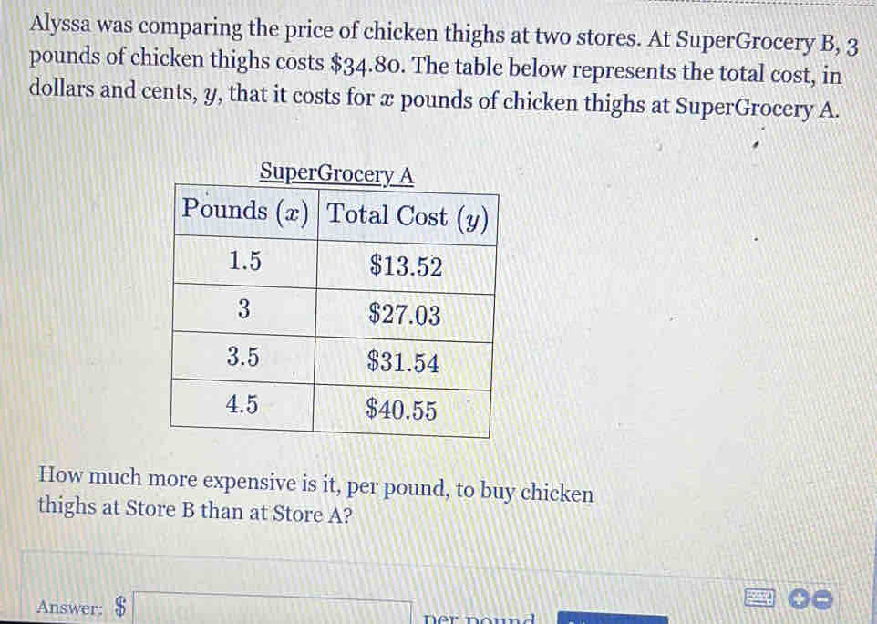 Alyssa was comparing the price of chicken thighs at two stores. At SuperGrocery B, 3
pounds of chicken thighs costs $34.80. The table below represents the total cost, in 
dollars and cents, y, that it costs for x pounds of chicken thighs at SuperGrocery A. 
How much more expensive is it, per pound, to buy chicken 
thighs at Store B than at Store A? 
Answer: $□