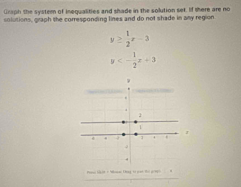 Graph the system of inequalities and shade in the solution set. If there are no
solutions, graph the corresponding lines and do not shade in any region.
y≥  1/2 x-3
y<- 1/2 x+3
Press Shift + Mouse Orag to pan the graph ×