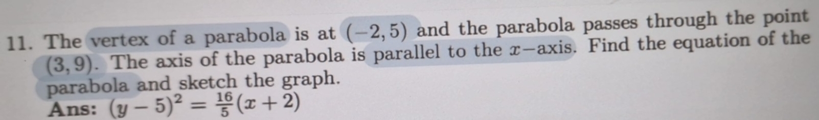 The vertex of a parabola is at (-2,5) and the parabola passes through the point
(3,9). The axis of the parabola is parallel to the x-axis. Find the equation of the 
parabola and sketch the graph. 
Ans: (y-5)^2= 16/5 (x+2)