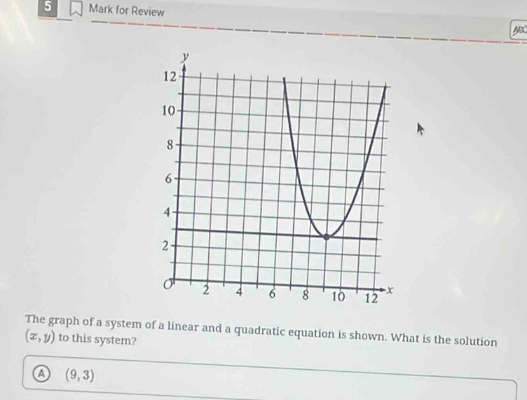 for Review
AB
The graph of a system of a linear and a quadratic equation is shown. What is the solution
(x,y) to this system?
a (9,3)