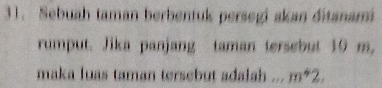 Sebuah taman berbentuk persegi akan ditanami 
rumput. Jika panjang taman tersebut 10 m, 
maka luas taman tersebut adalsh . (y, ^ m^*2,