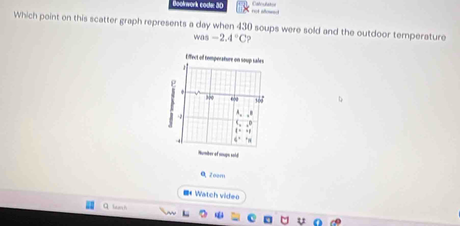 Caleulator
Bookwork code: 3D not allowed
Which point on this scatter graph represents a day when 430 soups were sold and the outdoor temperature
was -2.4°C p
0 zoom
■《 Watch videe
Kearch