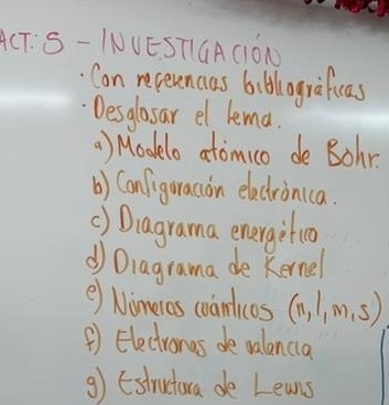 ACT: S - INUEST1GA(1ON 
Con receuncas biblograficas 
Desglosar el lema. 
) Modelo atomuco de Bohr 
() Canfiguracion electronica. 
() Diagrama energifio 
d Diagrama de Kernel 
e) Nimeres coanlicos (n,1,m,s)
( ) Electrones de valencia 
9) Estrutura de Leans