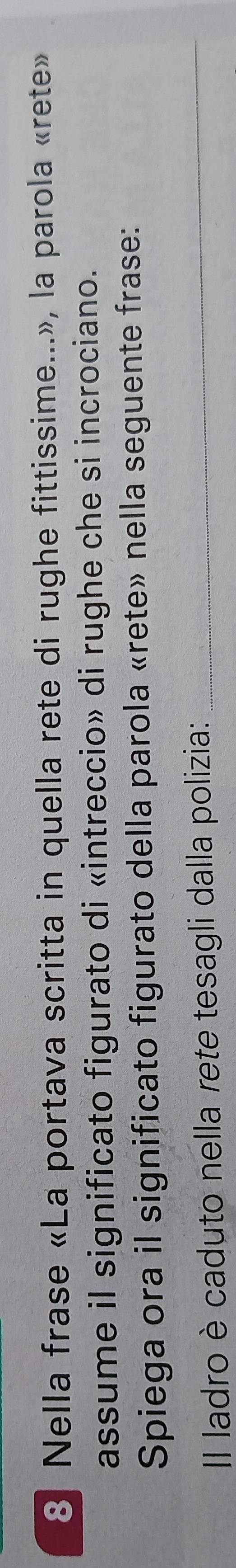 Nella frase «La portava scritta in quella rete di rughe fittissime...», la parola «rete» 
assume il significato figurato di «intreccio» di rughe che si incrociano. 
Spiega ora il significato figurato della parola «rete» nella seguente frase: 
Il ladro è caduto nella rete tesagli dalla polizia:_