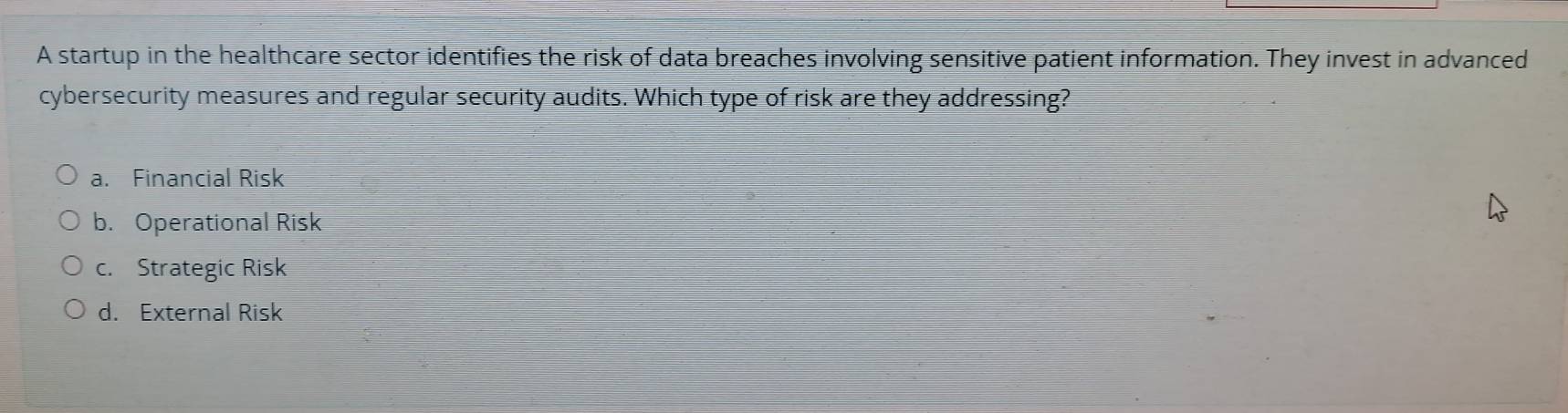 A startup in the healthcare sector identifies the risk of data breaches involving sensitive patient information. They invest in advanced
cybersecurity measures and regular security audits. Which type of risk are they addressing?
a. Financial Risk
b. Operational Risk
c. Strategic Risk
d. External Risk