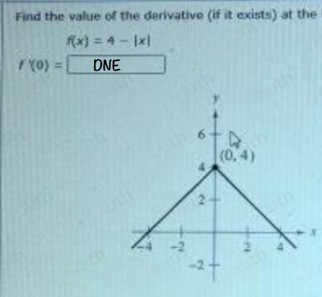 Find the value of the derivative (if it exists) at the
f(x)=4-|x|
f'(0)=□ DNE 
N