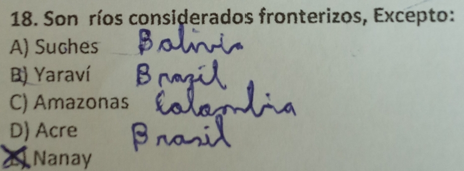 Son ríos considerados fronterizos, Excepto:
A) Suches
B) Yaraví
C) Amazonas
D) Acre
a Nanay