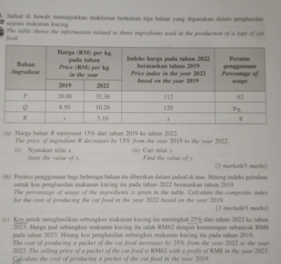 Jadual di bawah menunjukkan maklumat berkaitan tiga bahan yang digunakan dalam penghasilan 
sejenis makanan kucing. 
. The table shows the information related to three ingredients used in the production of a type of cat 
food. 
(a) Harga bahan R menyusut 15% dari tahun 2019 ke tahun 2022. 
The price of ingredient R decreases by 15% from the year 2019 to the year 2022. 
(i) Nyatakan nilai x. (ii) Cari nilai y. 
State the value of x. Find the value of y. 
[3 markah/3 marks] 
(b) Peratus penggunaan bagi beberapa bahan itu diberikan dalam jadual di atas. Hitung indeks gubahan 
untuk kos penghasilan makanan kucing itu pada tahun 2022 berasaskan tahun 2019. 
The percentage of usage of the ingredients is given in the table. Calculate the composite index 
for the cost of producing the cat food in the year 2022 based on the year 2019. 
[3 markah/3 marks] 
(c) Kos untuk menghasilkan sebungkus makanan kucing itu meningkat 25% dari tahun 2022 ke tahun 
2023. Harga jual sebungkus makanan kucing itu ialah RM62 dengan keuntungan sebanyak RM8
pada tahun 2023. Hitung kos penghasilan sebungkus makanan kucing itu pada tahun 2019 
The cost of producing a packet of the cat food increases by 25% from the year 2022 to the year 
2023. The selling price of a packet of the cat food is RM62 with a profit of RM8 in the year 2023. 
Calculate the cost of producing a packet of the cat food in the year 2019.