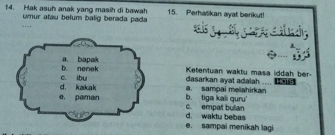 Hak asuh anak yang masih di bawah 15. Perhatikan ayat berikut!
umur atau belum balig berada pada
Ketentuan waktu masa iddah ber-
dasarkan ayat adaiah _HOTS
a. sampai melahirkan
b. tiga kali quru'
c. empat bulan
d. waktu bebas
e. sampai menikah lagi