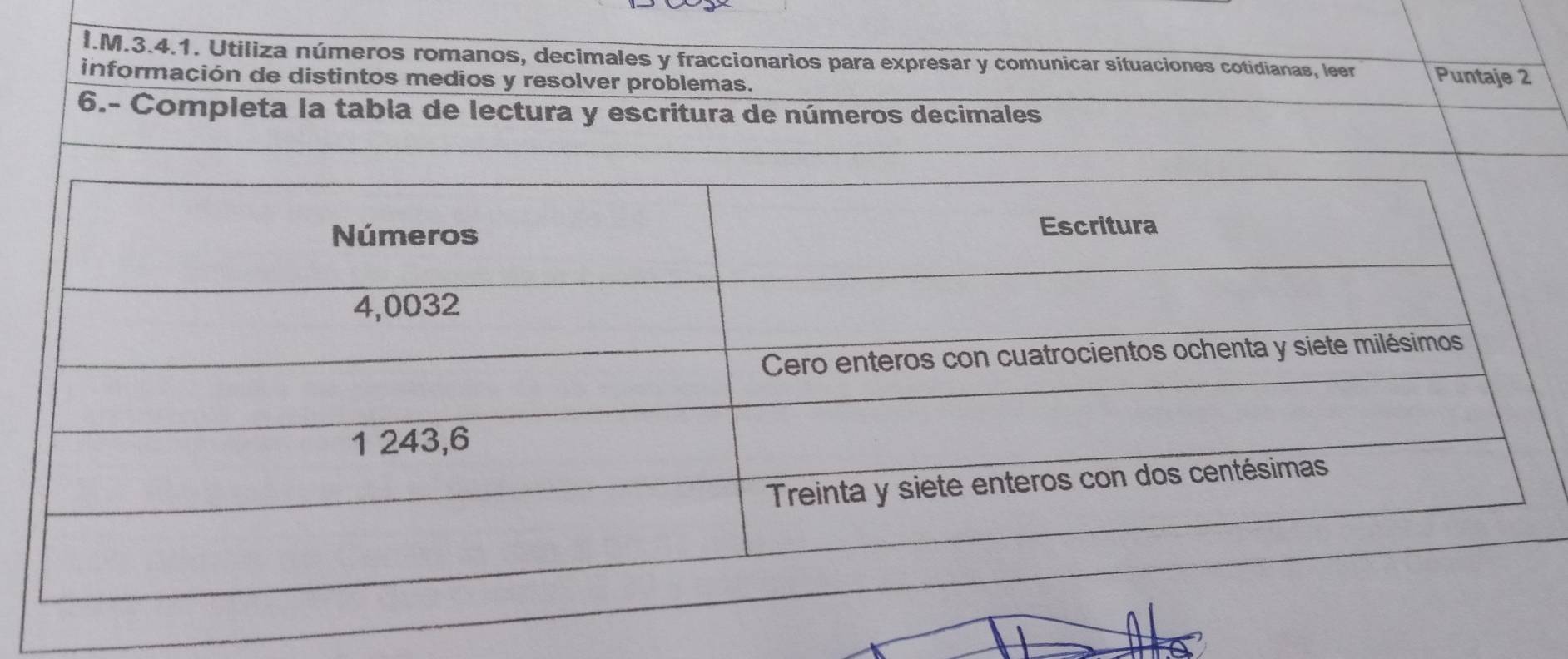 Utiliza números romanos, decimales y fraccionarios para expresar y comunicar situaciones cotidianas, leer Puntaje 2 
información de distintos medios y resolver problemas. 
6.- Completa la tabla de lectura y escritura de números decimales