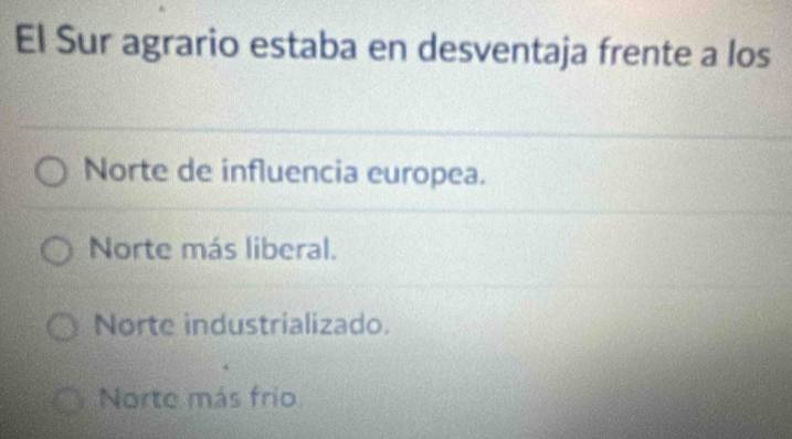 El Sur agrario estaba en desventaja frente a los
Norte de influencia europea.
Norte más liberal.
Norte industrializado.
Norte más frio