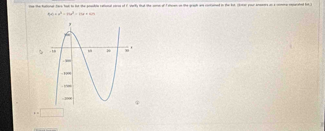 Use the Rational Zero Test to list the possible rational zeros of 1. Verify that the zeros of Eshown on the graph are contained in the list. (Enter your answers as a comma-separated list.)
f(x)=x^3-25x^2-25x+625