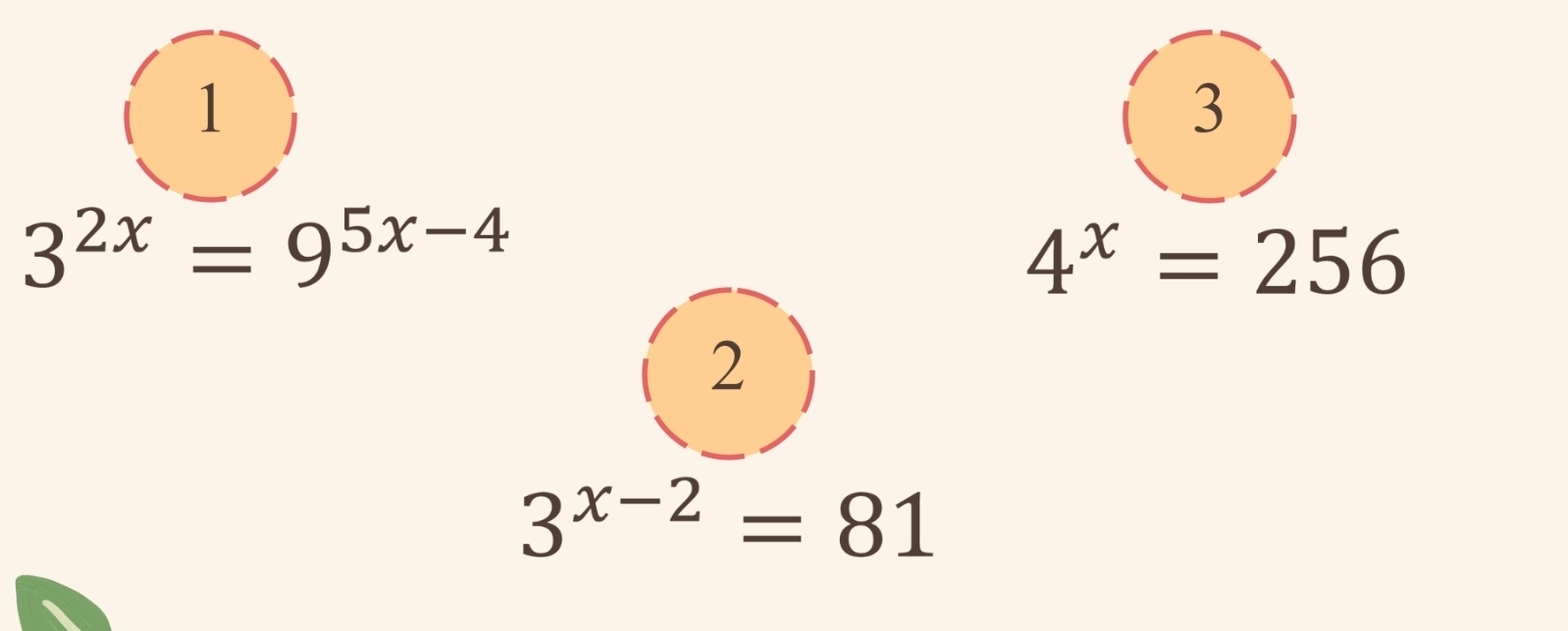 1 
3
3^(2x)=9^(5x-4)
4^x=256
2
3^(x-2)=81