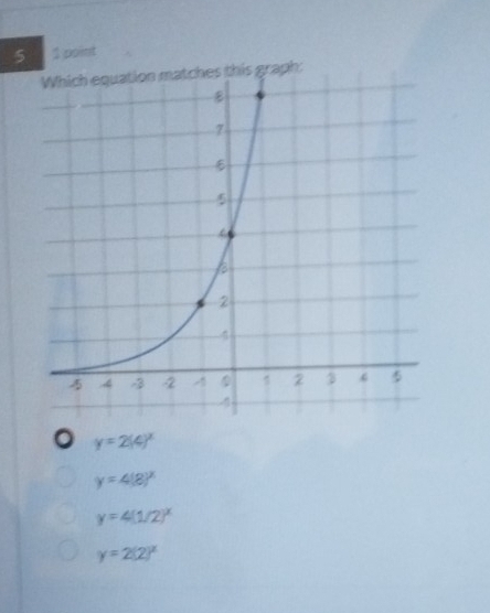 5 1 point
graph:
y=2(4)^x
y=4(8)^x
y=4(1/2)^x
y=2(2)^x