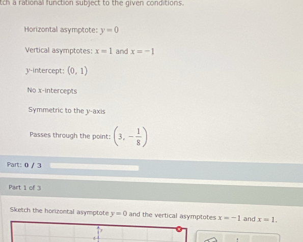 tch a rational function subject to the given conditions. 
Horizontal asymptote: y=0
Vertical asymptotes: x=1 and x=-1
y-intercept: (0,1)
No x-intercepts 
Symmetric to the y-axis 
Passes through the point: (3,- 1/8 )
Part: 0 / 3
Part 1 of 3 
Sketch the horizontal asymptote y=0 and the vertical asymptotes x=-1 and x=1.