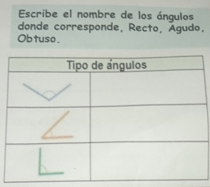 Escribe el nombre de los ángulos 
donde corresponde, Recto, Agudo, 
Obtuso.