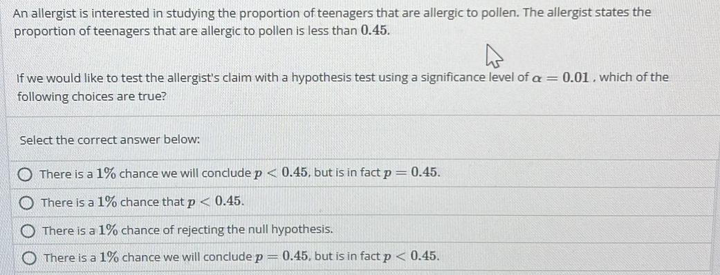 An allergist is interested in studying the proportion of teenagers that are allergic to pollen. The allergist states the
proportion of teenagers that are allergic to pollen is less than 0.45.
If we would like to test the allergist's claim with a hypothesis test using a significance level of alpha =0.01 , which of the
following choices are true?
Select the correct answer below:
There is a 1% chance we will conclude p<0.45 , but is in fact p=0.45.
There is a 1% chance that p<0.45.
There is a 1% chance of rejecting the null hypothesis.
There is a 1% chance we will conclude p=0.45 , but is in fact p<0.45.